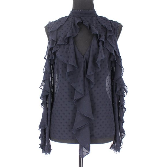 NICHOLAS Ruffle Trim Cold Shoulder Blouse 0 Sheer Navy Blue Swiss Dot Top XXS - Picture 2 of 9